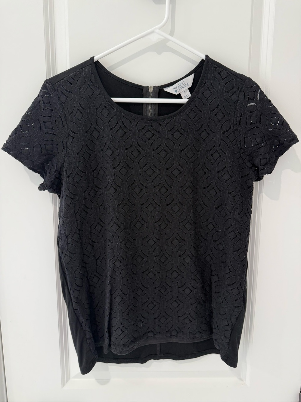Market & Spruce Black Lace-Texture Short Sleeve Top